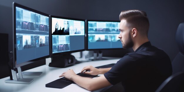 Um homem está sentado em uma mesa em frente a três monitores, um dos quais é um videogame.