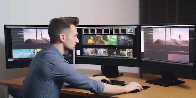 Um homem está sentado em uma mesa em frente a um grande monitor que diz "digital" nele