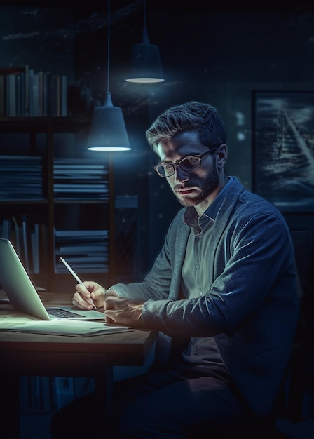 Um homem está sentado em uma mesa em frente a um laptop com uma lâmpada acesa que diz 'a palavra'