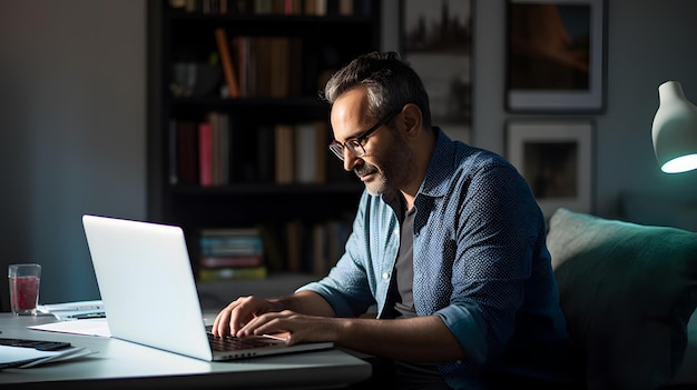 Um homem está sentado em uma mesa em frente a um laptop, trabalhando em um laptop.