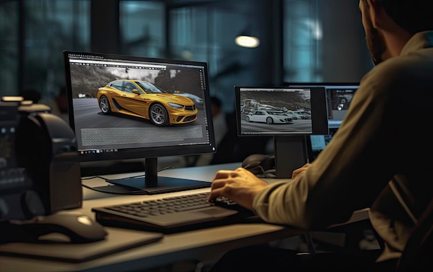 Um homem está sentado em uma mesa em frente a um monitor de computador que exibe um carro.