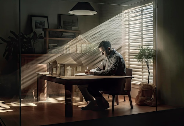 Um homem está sentado em uma mesa em frente a uma janela que tem a luz entrando pela janela.