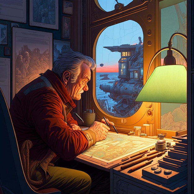 Um homem está sentado em uma mesa em frente a uma janela que tem uma lâmpada que diz "a palavra" nela.