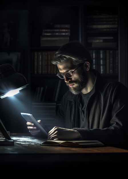 Um homem está sentado em uma mesa em frente a uma lâmpada lendo um livro.