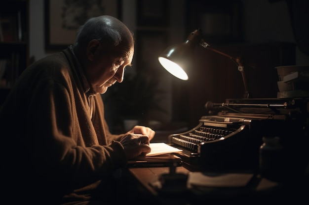 Um homem está sentado em uma mesa em frente a uma máquina de escrever com uma lâmpada onde se lê 'o escritor'