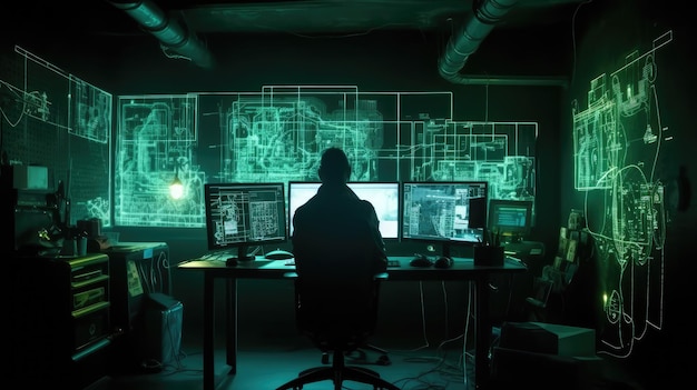 Um homem está sentado em uma mesa em frente a uma parede com uma captura de tela de um monitor de computador que diz cyberpunk.