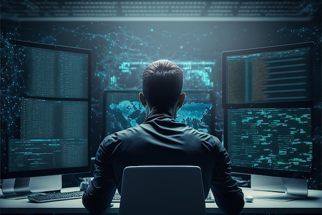 Foto um homem está sentado em uma mesa em frente a uma tela de computador que diz código.
