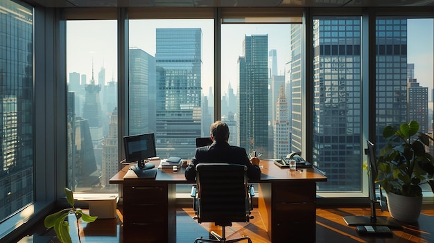 Foto um homem está sentado em uma mesa em um escritório com uma vista da cidade