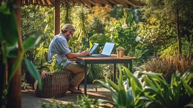 Um homem está sentado em uma mesa em um jardim com um laptop em cima.