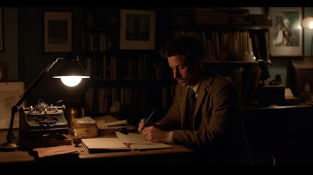 Um homem está sentado em uma mesa em um quarto escuro, escrevendo em um livro.