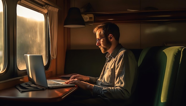 Um homem está sentado em uma mesa em um trem e olha para um laptop.