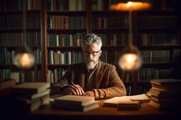 Um homem está sentado em uma mesa em uma biblioteca, lendo um livro.