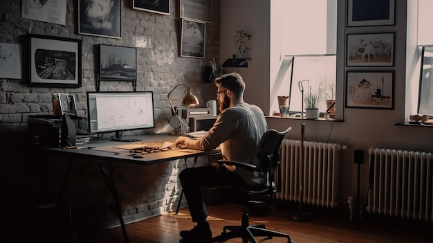 Um homem está sentado em uma mesa em uma sala escura, olhando para um monitor de computador.