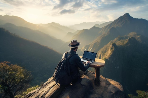 um homem está sentado em uma montanha com um laptop e vista para as montanhas.