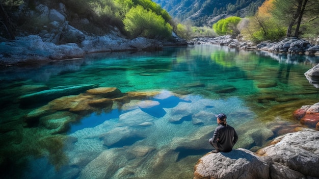 Um homem está sentado em uma pedra em um rio com montanhas ao fundo.