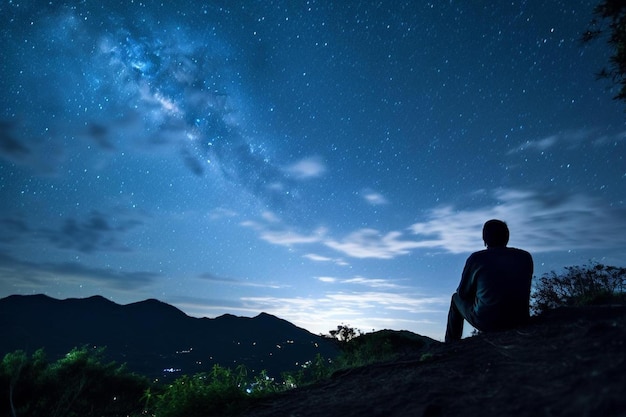 Foto um homem está sentado em uma pedra olhando as estrelas e o céu noturno.