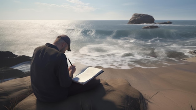 Um homem está sentado em uma praia desenhando o esboço de uma onda.