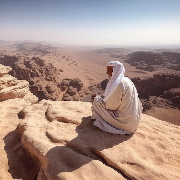 Um homem está sentado em uma rocha no deserto, na Jordânia.