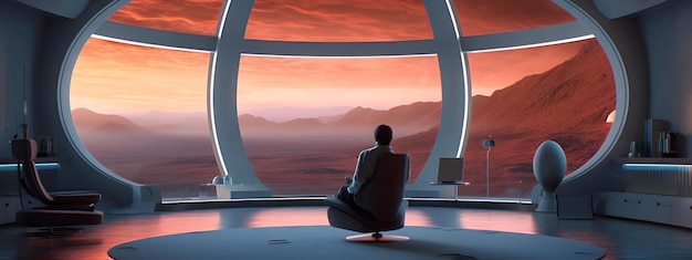 Um homem está sentado em uma sala com vista para as montanhas e o céu.