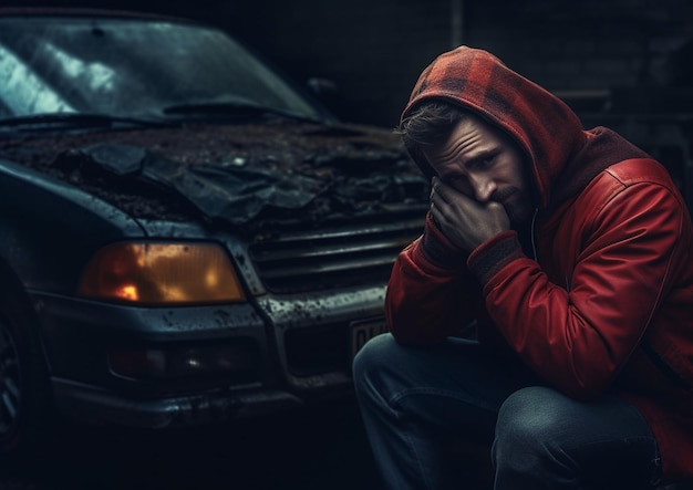 Um homem está sentado na frente de um carro com a palavra ford na frente.