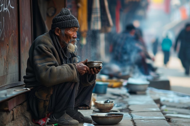 Um homem está sentado no lado de uma rua da cidade, comendo ativamente comida.