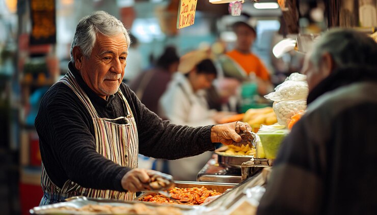 Foto um homem está servindo comida em uma barraca de comida