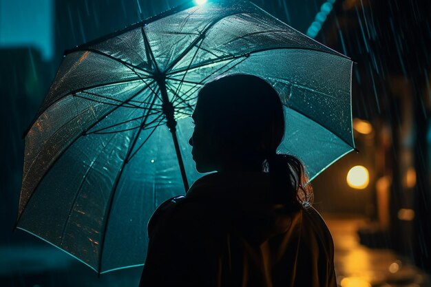 Um homem está sob um guarda-chuva com uma luz acesa.