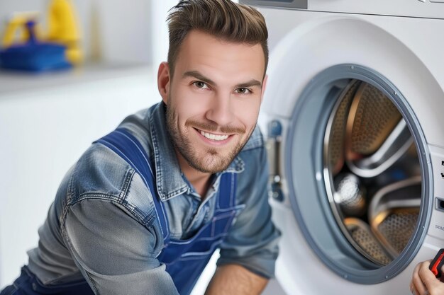 Foto um homem está sorrindo na frente de uma máquina de lavar