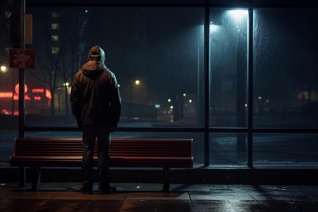 Um homem está sozinho numa rua escura à noite.