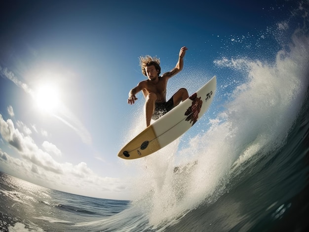 Um homem está surfando no oceano em uma prancha de surf.