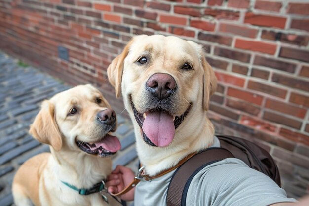 Um homem está tirando uma foto de dois cães com as línguas fora