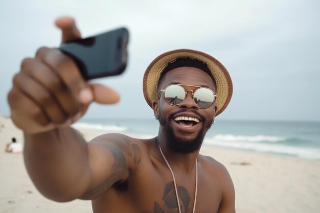 Um homem está tirando uma selfie na praia.