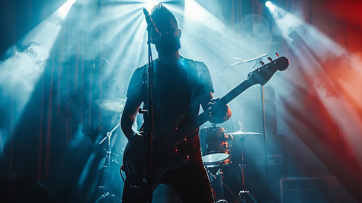 Foto um homem está tocando guitarra e está tocando uma canção
