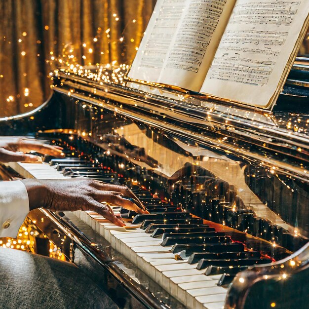 Foto um homem está tocando um piano com um livro no topo