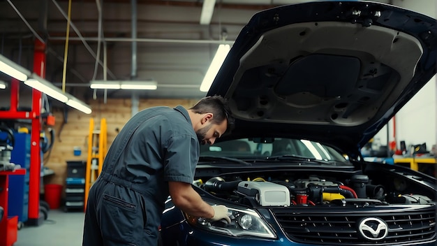 Um homem está trabalhando em um carro com o capô levantado