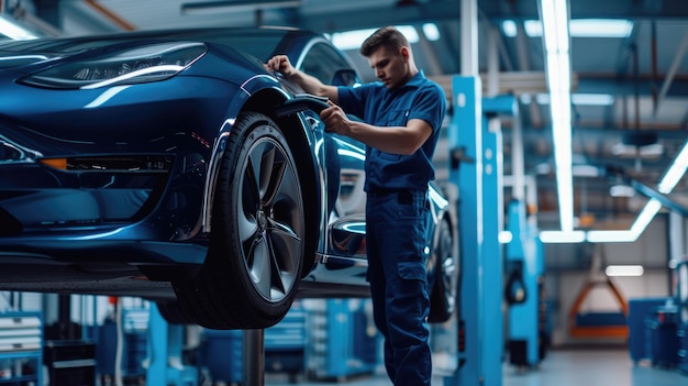 Um homem está trabalhando em um carro em uma fábrica