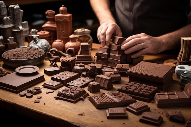 um homem está trabalhando em um chocolate feito por chocolates.