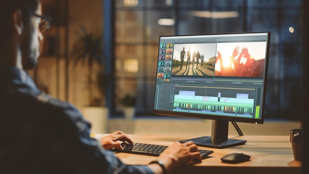 Foto um homem está trabalhando em um computador com um software de edição de vídeo.