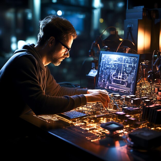 Foto um homem está trabalhando em um laptop com uma tela azul que diz 'dados gerados por ia