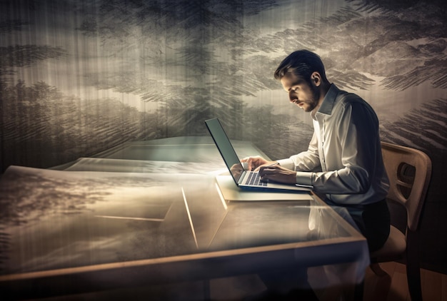 Um homem está trabalhando em um laptop em frente a um fundo brilhante