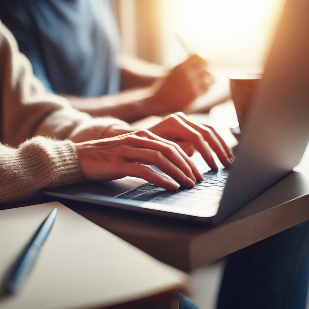 Um homem está trabalhando em um laptop há uma xícara de café e um bloco de notas ao lado dele suas mãos