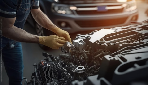 Um homem está trabalhando em um motor de carro.