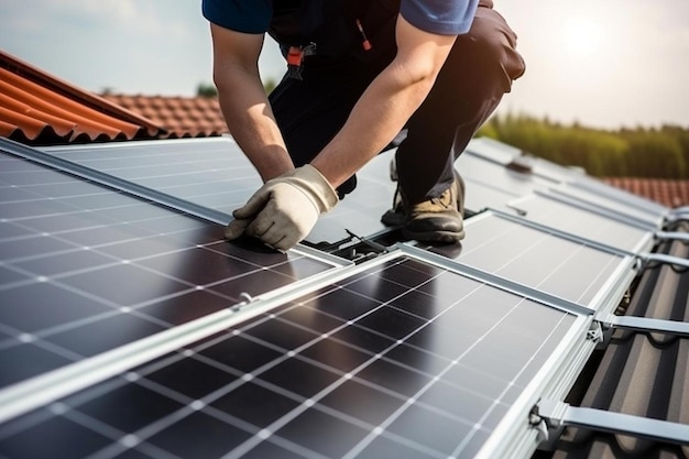 um homem está trabalhando em um painel solar em um telhado