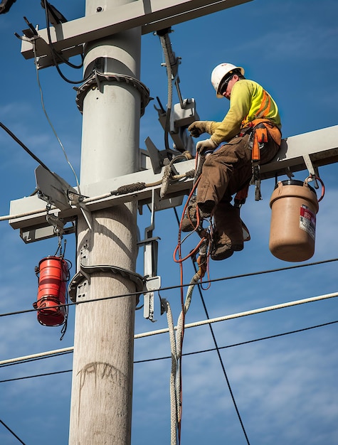 Um homem está trabalhando em um poste de energia geradora de imagem ai trabalhadores da linha de energia