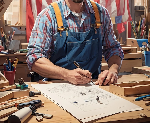 Um homem está trabalhando em um projeto em seu conceito de dia de trabalho de oficina