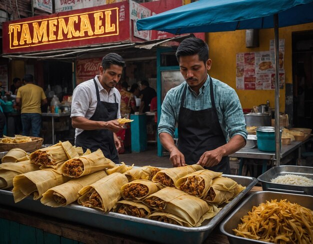 Um homem está trabalhando em uma barraca de comida com um sinal que diz que é um pulso