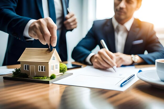 Um homem está trabalhando em uma casa modelo e ele está escrevendo com uma caneta.