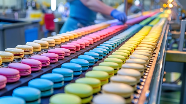 um homem está trabalhando em uma exibição colorida de donuts coloridos