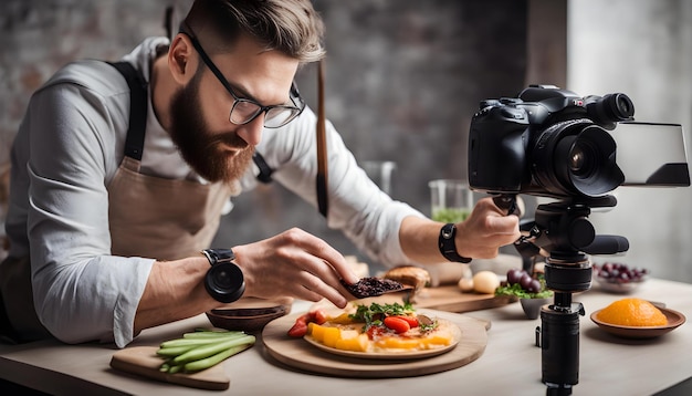 um homem está trabalhando em uma mesa com comida e uma câmera