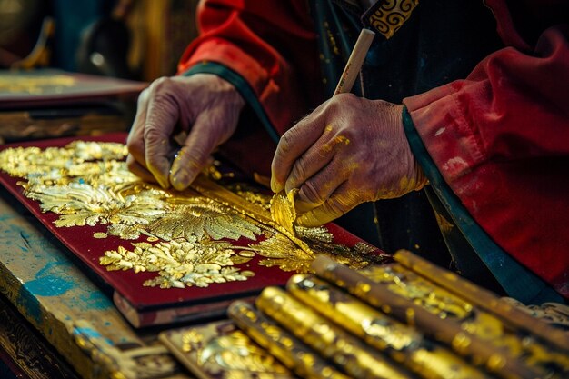 um homem está trabalhando em uma peça de jóia de ouro